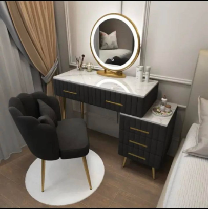 【Furniture】【BS】Nordic Dressing Table with Mirror, Stool & 3 Light Effect LED Mirrors, Golden Iron Dresser