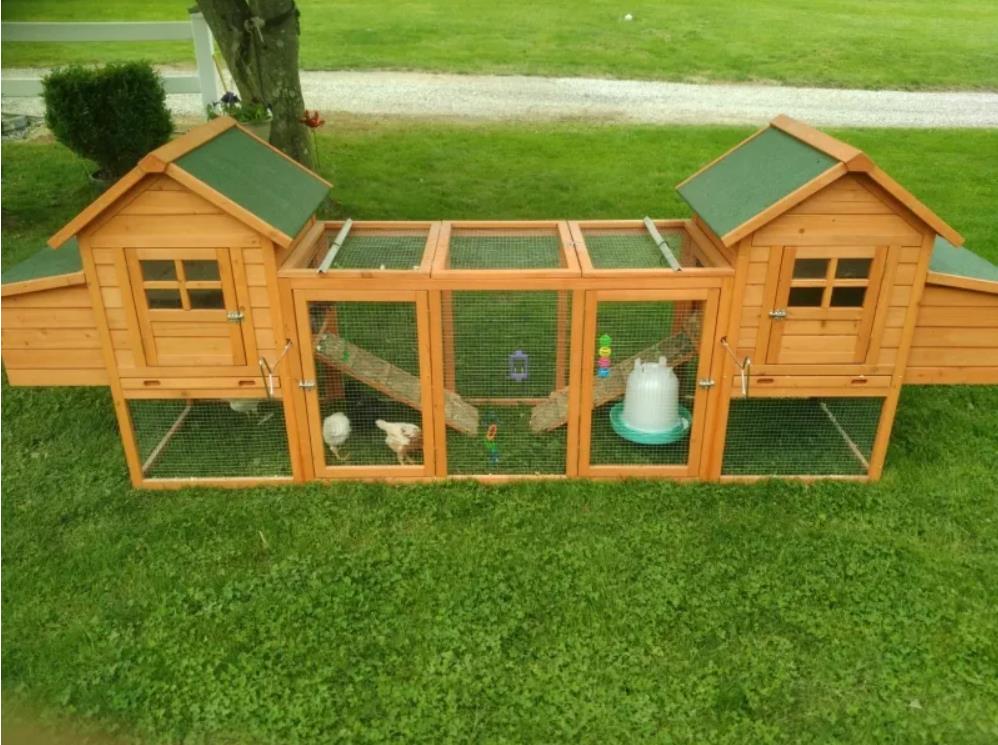 PawHut 124 Double Coop Wooden Large Coop Rabbit Hut Hen Cage Backyard with Outdoor Ramp and Nesting Box