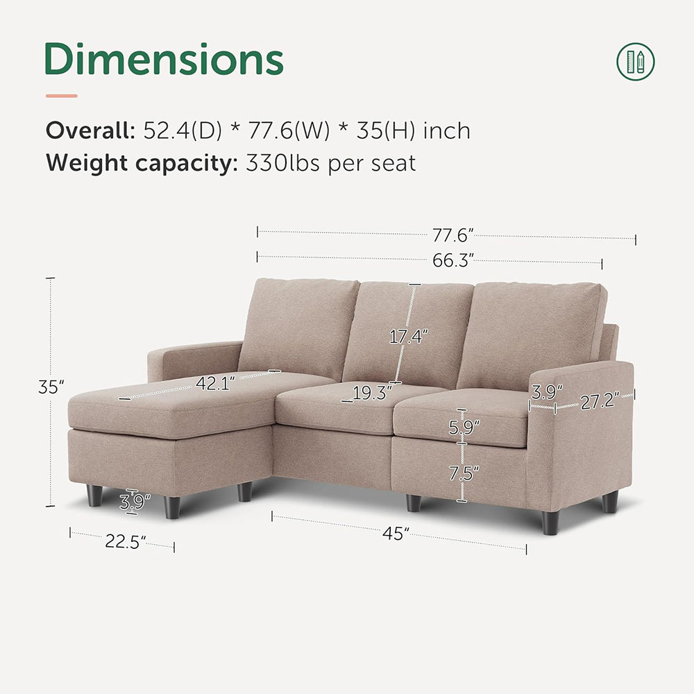 HONBAY L Shaped Couch with Linen Fabric,Convertible, Reversible Sectional Sofa