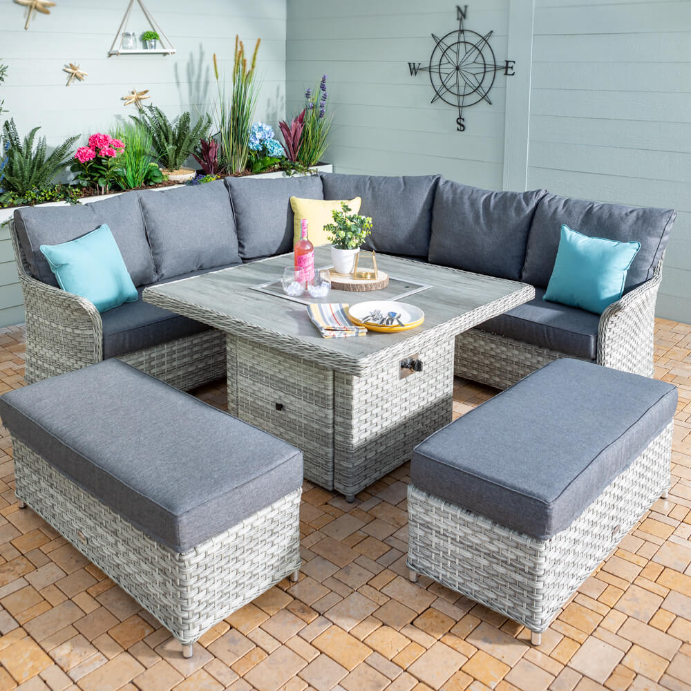 Hartman Heritage Grand Square Tuscan Casual Dining Set with Fire Pit Table – Ash/Slate