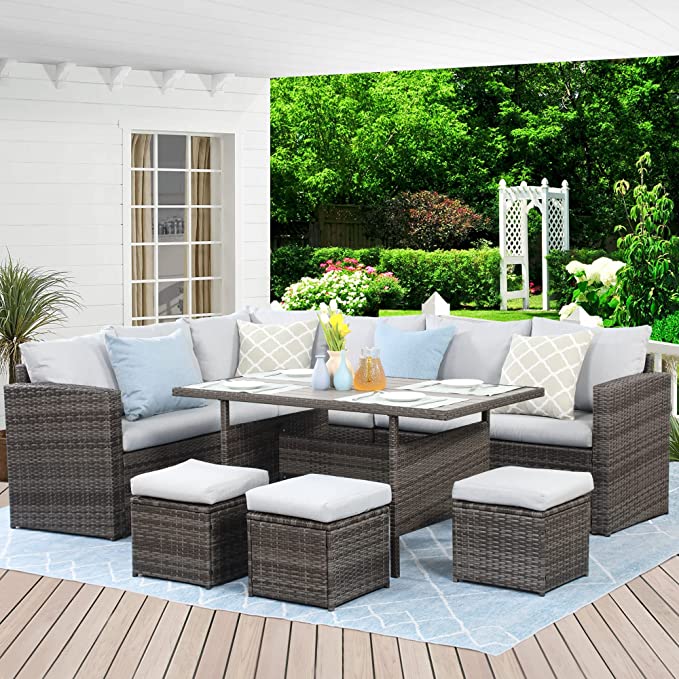 Wisteria Lane 9 Seater Rattan Garden Furniture Set, Outdoor Dinning Set, All-Weather Patio Conservatory Sets, Weaving Wicker Corner Sofa Couch Lounger with Table, Backyard, Deck, Porch, Balcony, Grey