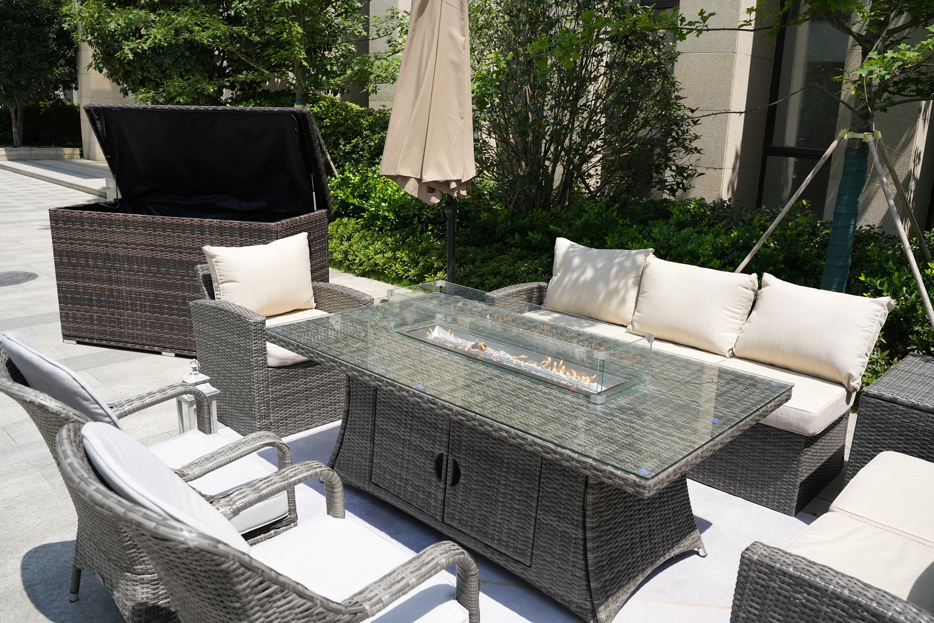 Wicker Patio Gray Wicker Conversational Seating Set with Rectangular Glass Fire Pit Table and Back Chair (Patio Set Option)