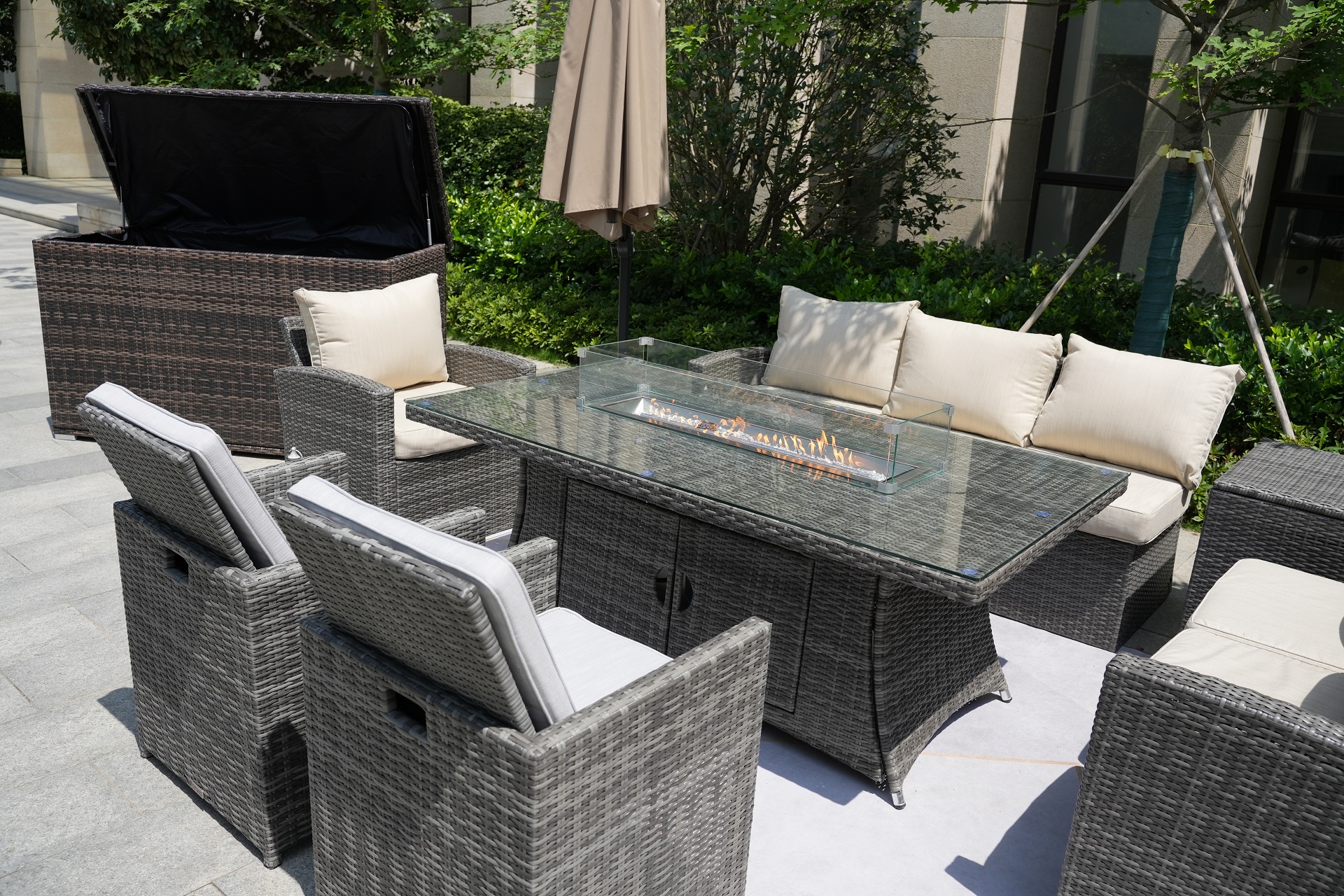 Wicker Patio Gray Wicker Conversational Seating Set with Rectangular Glass Fire Pit Table and Back Chair (Patio Set Option)