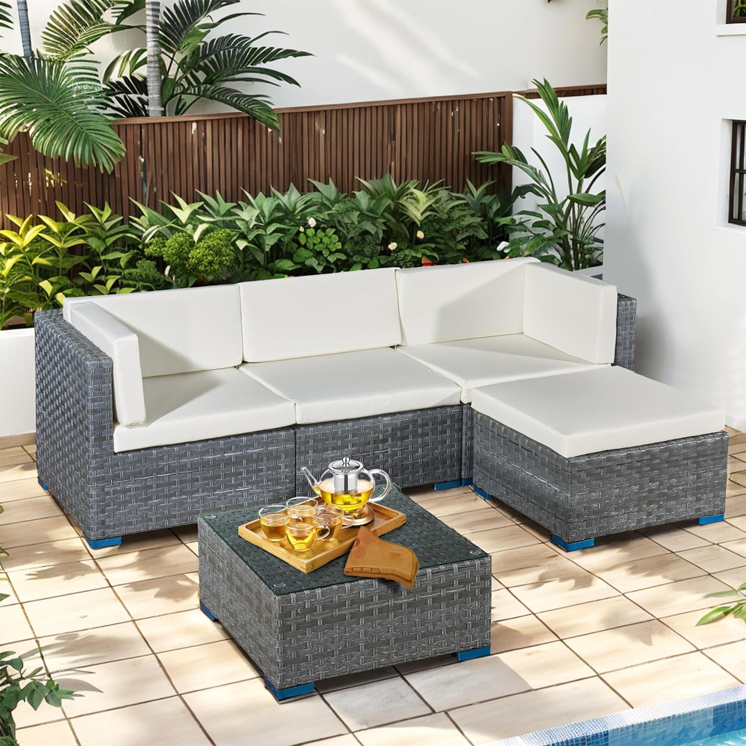 Aweather 5 Piece Rattan Garden Furniture Outdoor Rattan Corner Sofa Set, With Glass Coffee Table, for Garden, Poolside, Backyard